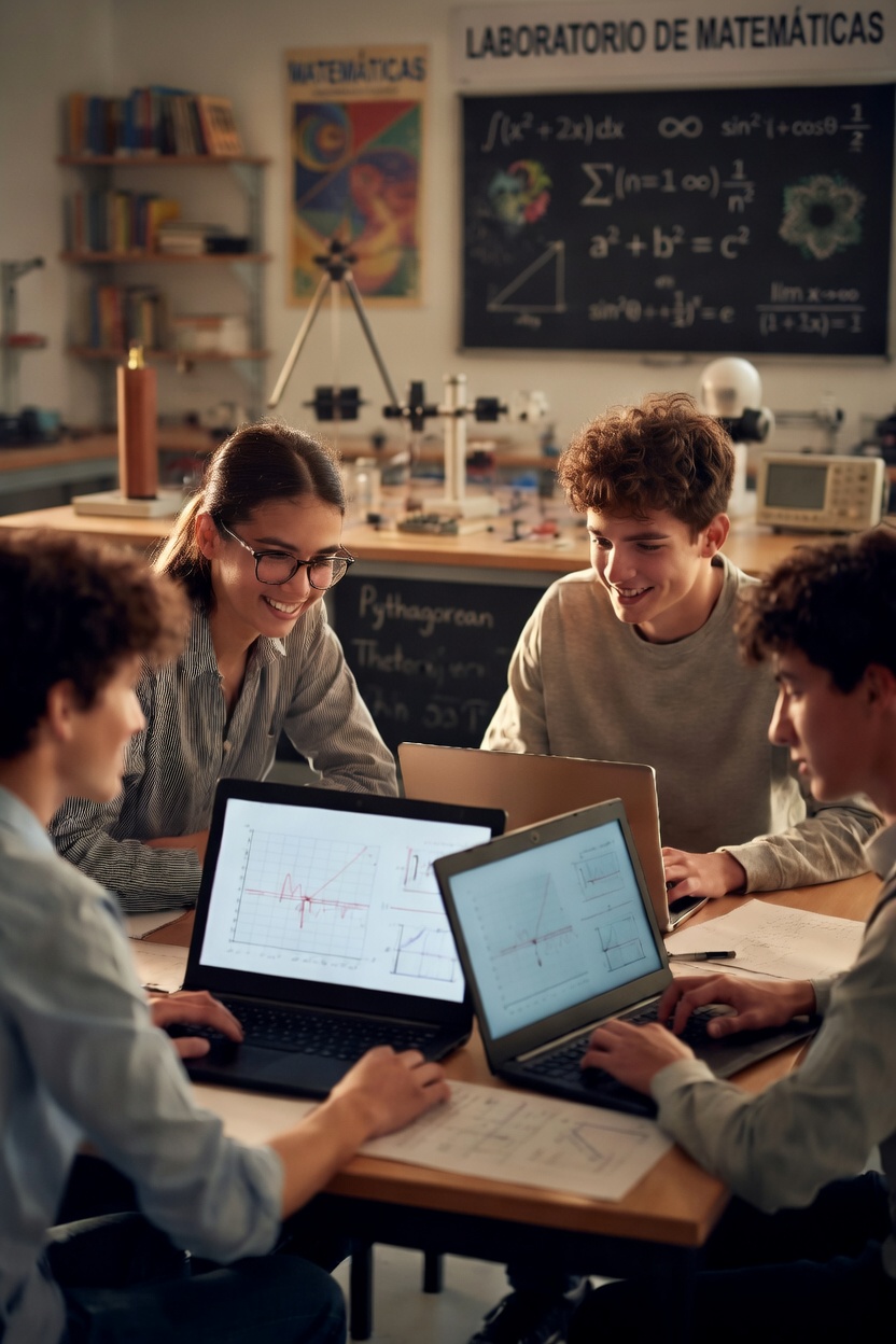 Estudiantes trabajando con laptops en un laboratorio de matemáticas