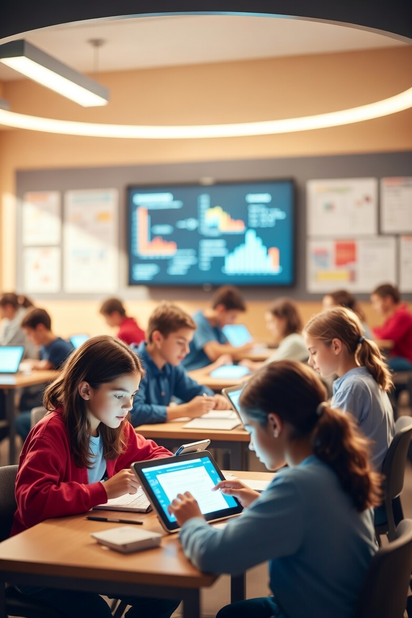 Estudiantes trabajando con tablets y gráficas en el aula